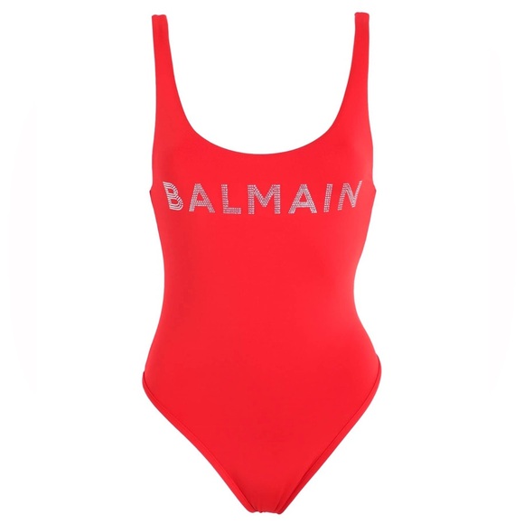 BALMAIN***Red Strass Crystal Logo One-Piece Swimsuit***F36; Small $620 - Picture 2 of 6